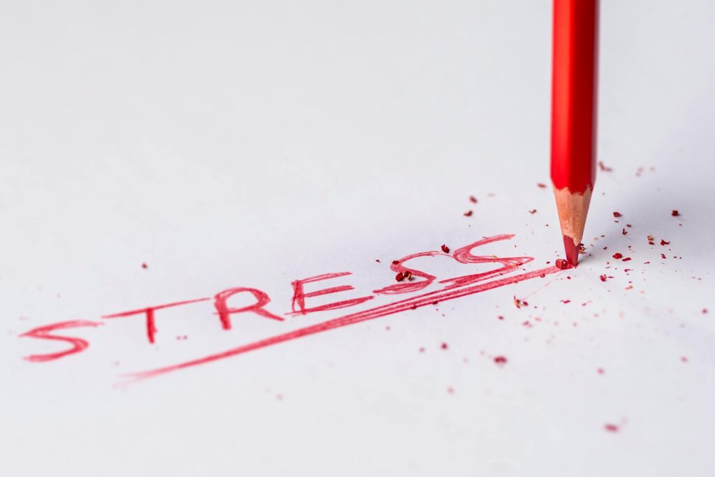 The word 'stress' is written in capital letters using a red pencil that also appears in the image. The red pencil and writing is against a white background