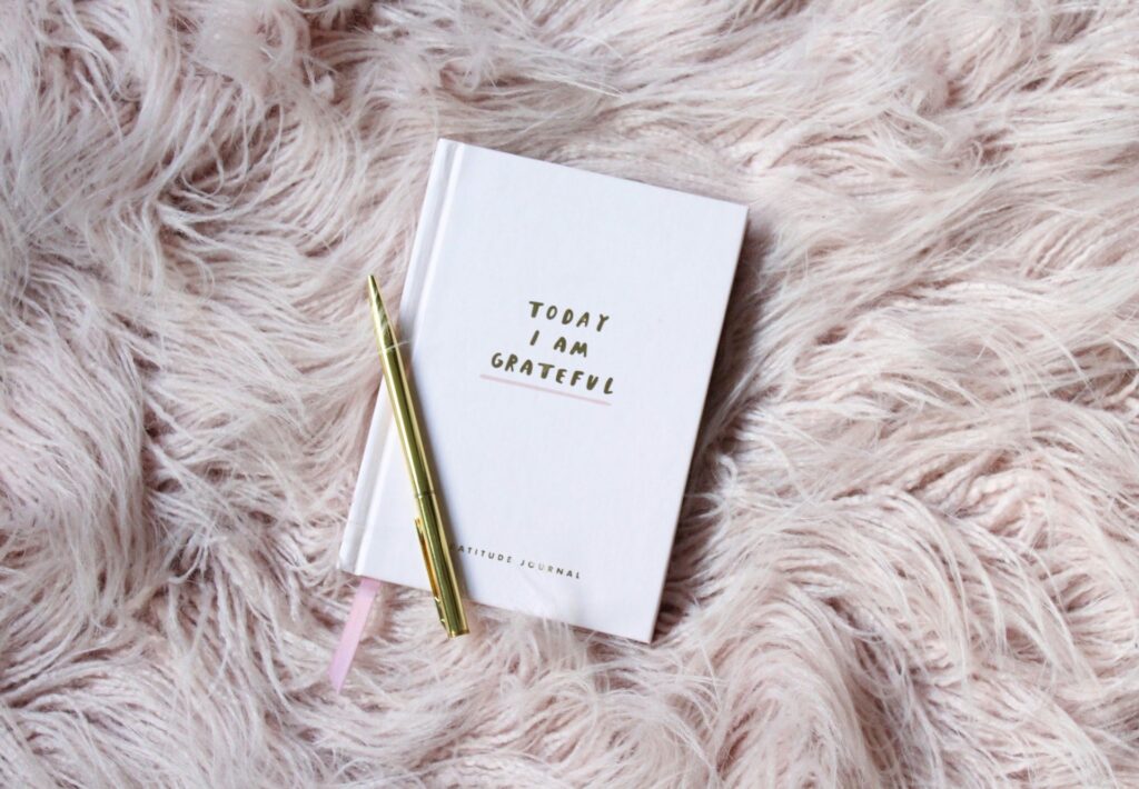 Pale pink gratitude journal with a gold pen on top, resting against a pale pink, fluffy carpet